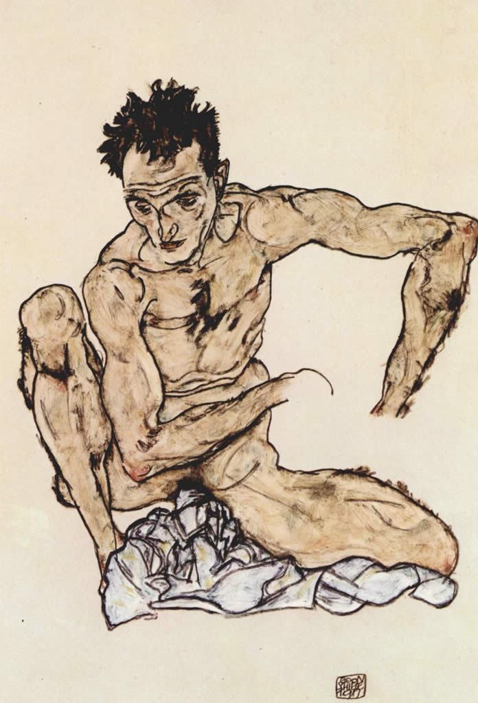 Egon Schiele Squatting male act selfportrait